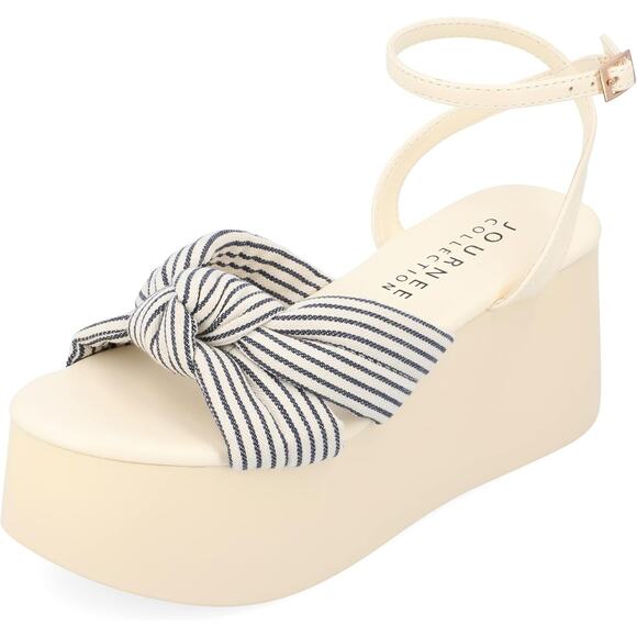 Journee Collection Lailee Platform Wedge Strappy Sandal Size US 9M Beige Striped - Picture 1 of 3